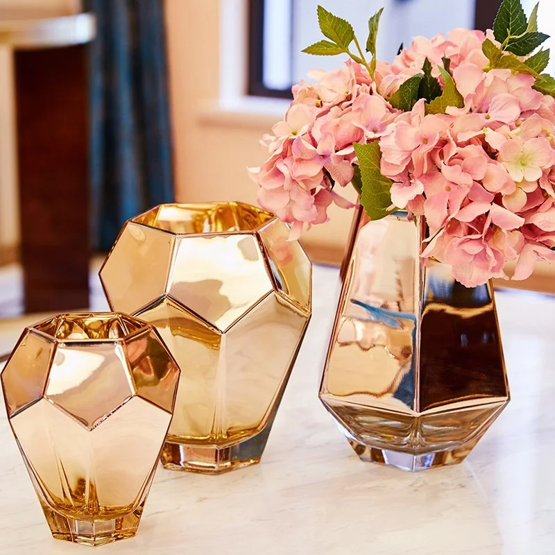 
Colored Metallic Geometric Faceted gold glass vases for wedding centerpieces 