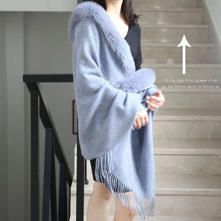 
Ladies woven wool blended Long Big Stole With Fox Fur Trim 