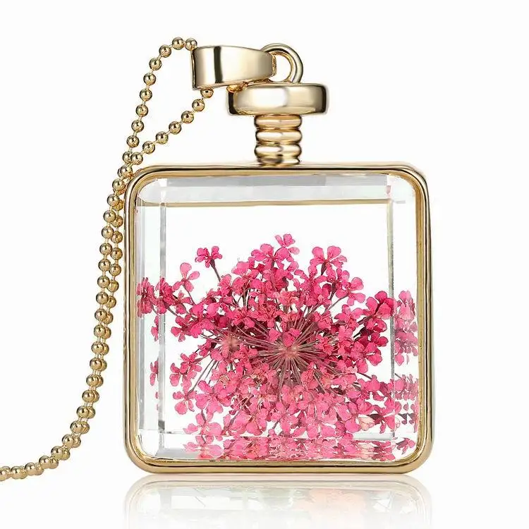 

Glass Bottle Jar Dried Flower Pendant Necklace Gold Plated Square Bottle Red Dried Flower Necklace