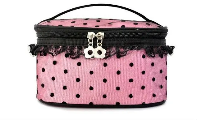 pink two zipper polka dots promotional cosmetic bag with back