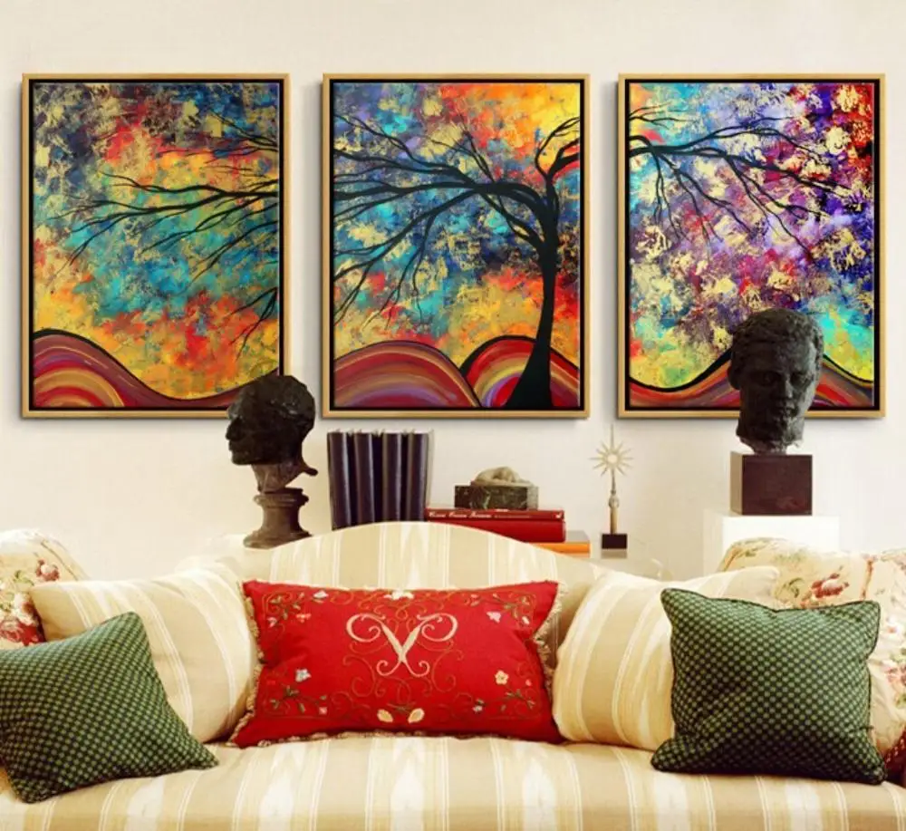 

Triptych Oil Painting Modern Canvas Picture Tree Pattern Wall Decoration for Living Room, Red