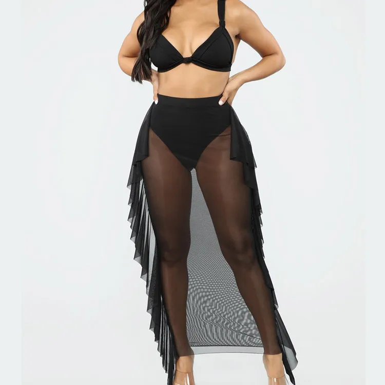 

High Waist Ruffles Summer Clear Beach Cover Up Solid Color Mesh Sexy Perspective Long Dress