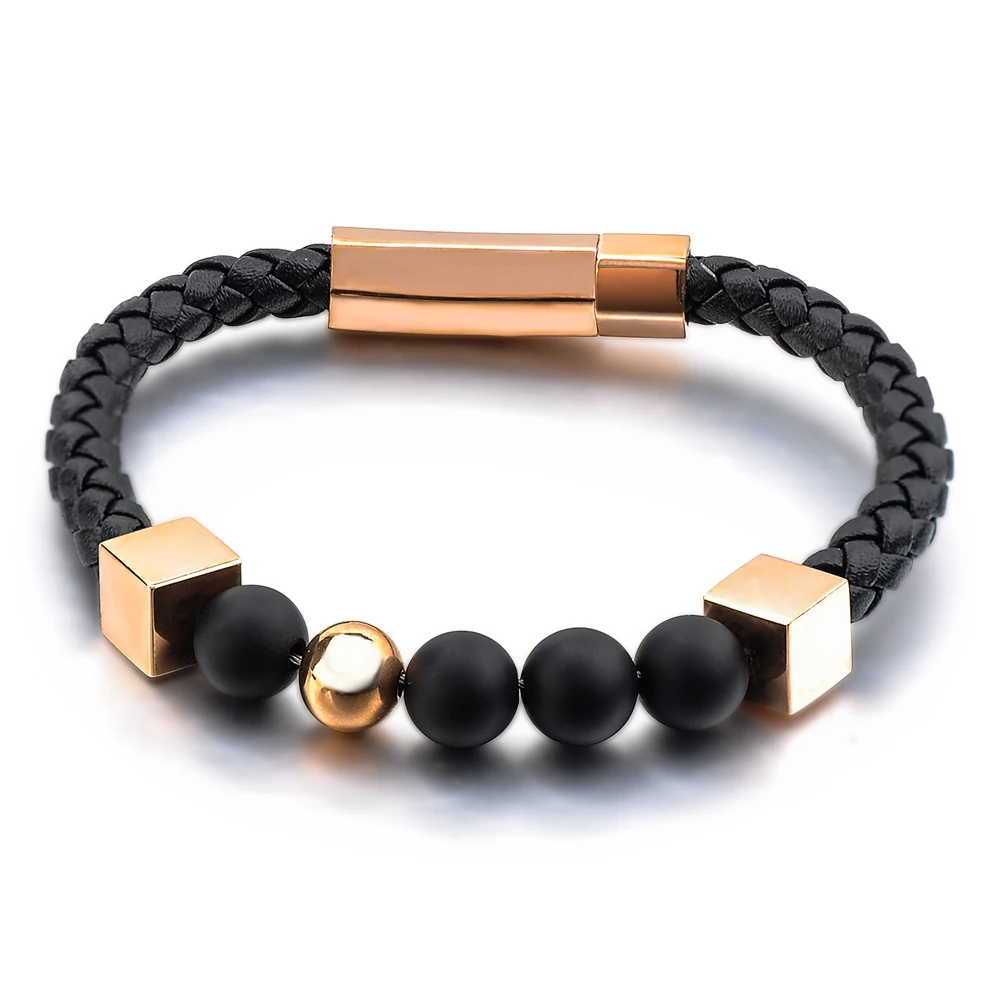 Wholesale Fashion Handmade High Quality Custom Jewelry Black Gemstone Natural Lava Stone Mens Leather Bead Bracelet