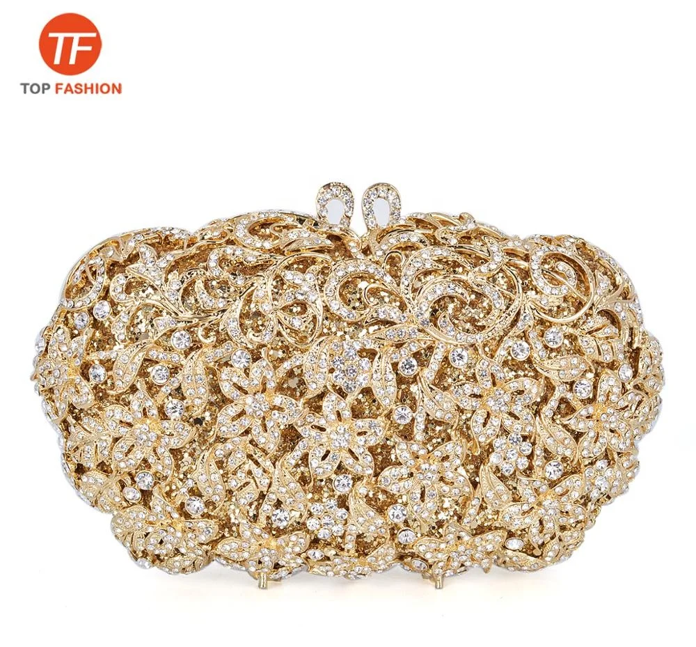 

Nice Crystal Rhinestone Clutch Purse Gold Florals Evening Bag for Wedding Party Wholesales from China OEM Factory, Gold ( accept customized )