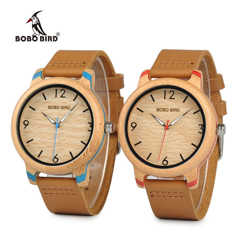 

BOBO BIRD wholesale lovers bamboo Wood Watch custom logo with Leather strap for couple