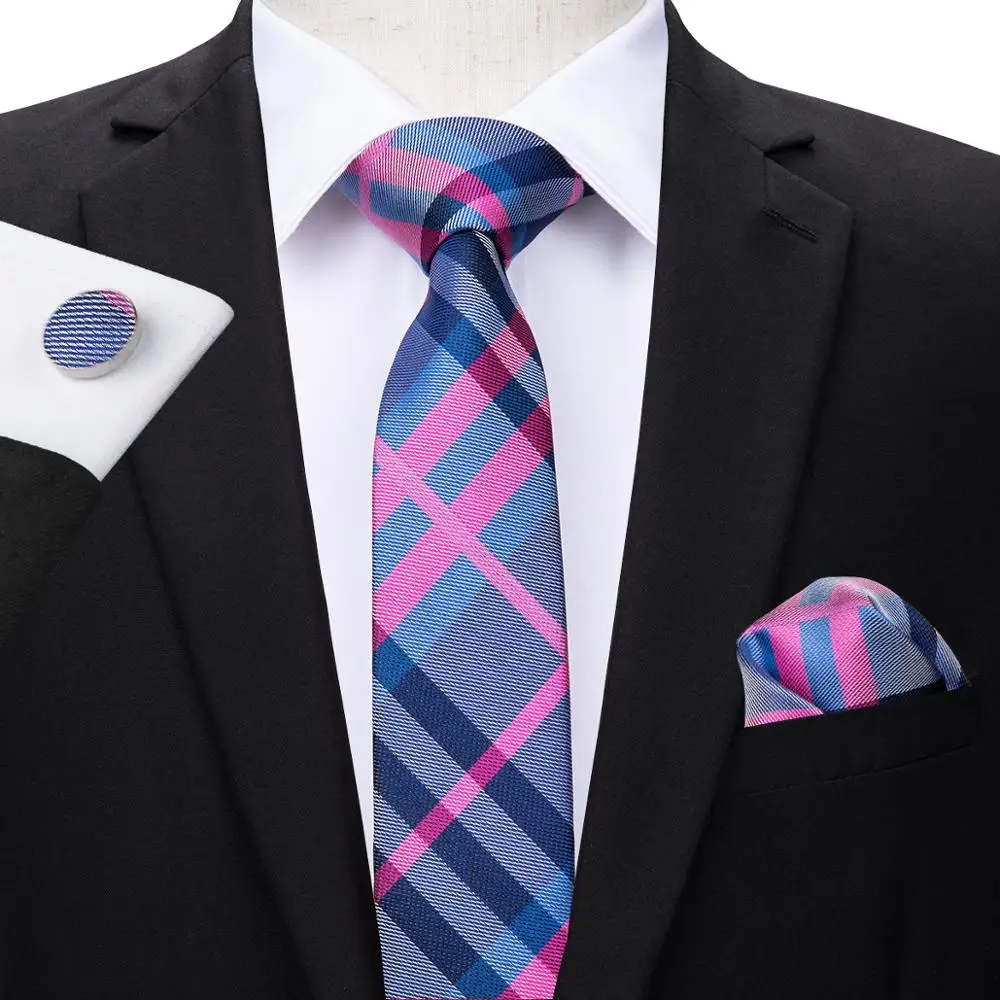 
Silk Slim Necktie Pink Blue Striped Skinny Neck Ties Pocket Square Cufflinks Set 