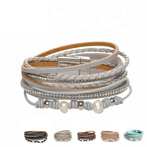 

Fashion Women Crystal Bead Magnet Charm Multi Layer Leather Bracelet, As pictures