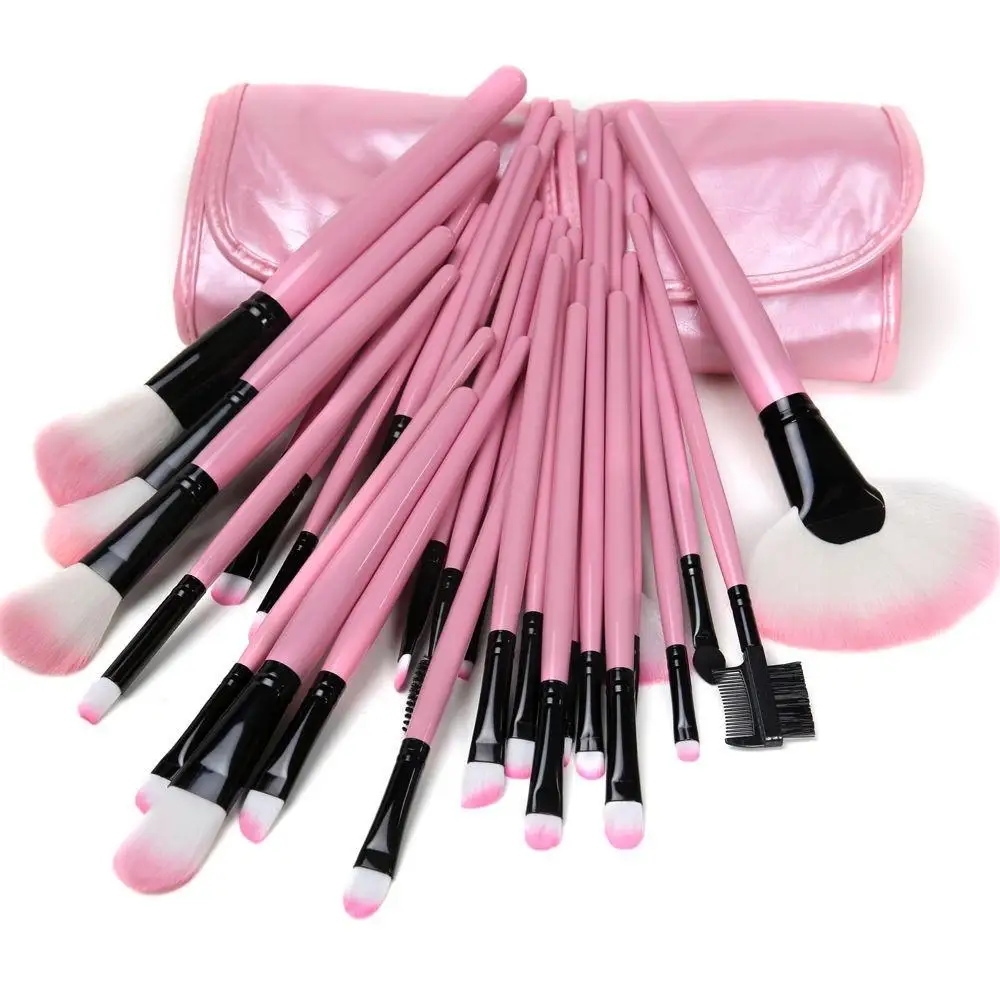 32 PCS Pink Wool Makeup Brushes Tools Set with PU Leather Case Cosmetic Facial Make up Brush Kit Free Shipping