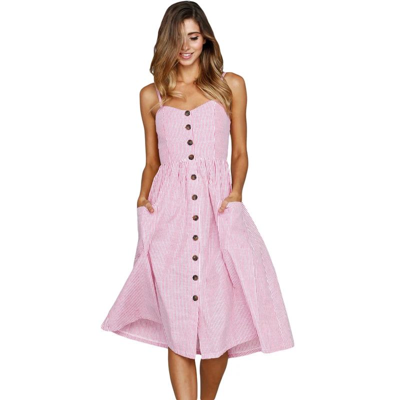 

Slightly neckline Midi Dress Button Down Front Lady Fashion Dress, Pink;blue