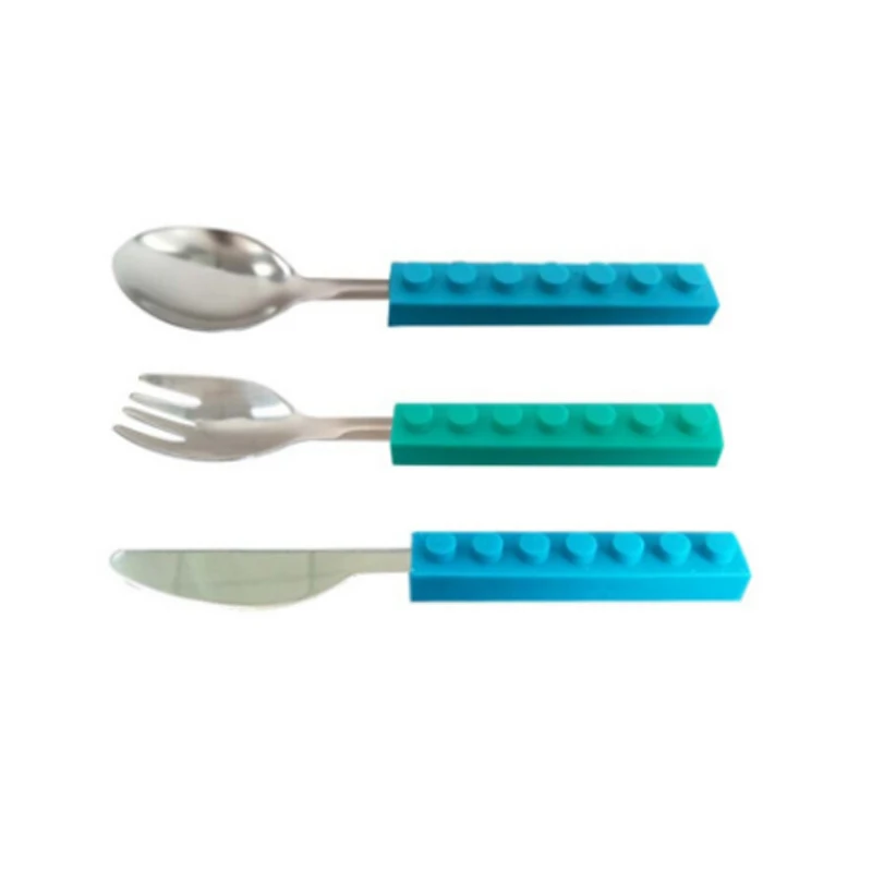 

Legos Student food glade silicone block DIY handle with 430# stainless steel baby utensils spoon knife and fork, Any pantone color