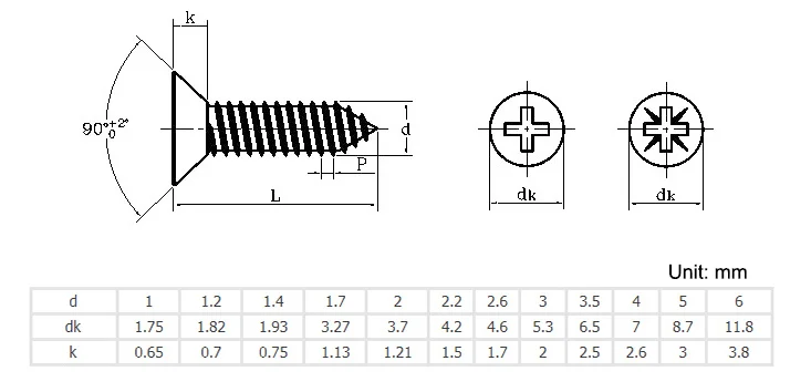 
Phillips Cross Countersunk head Self tapping screw M1 M1.2 M1.4 M1.7 M2 M2.2 M2.6 M3 M3.5 M4 M5 M6 