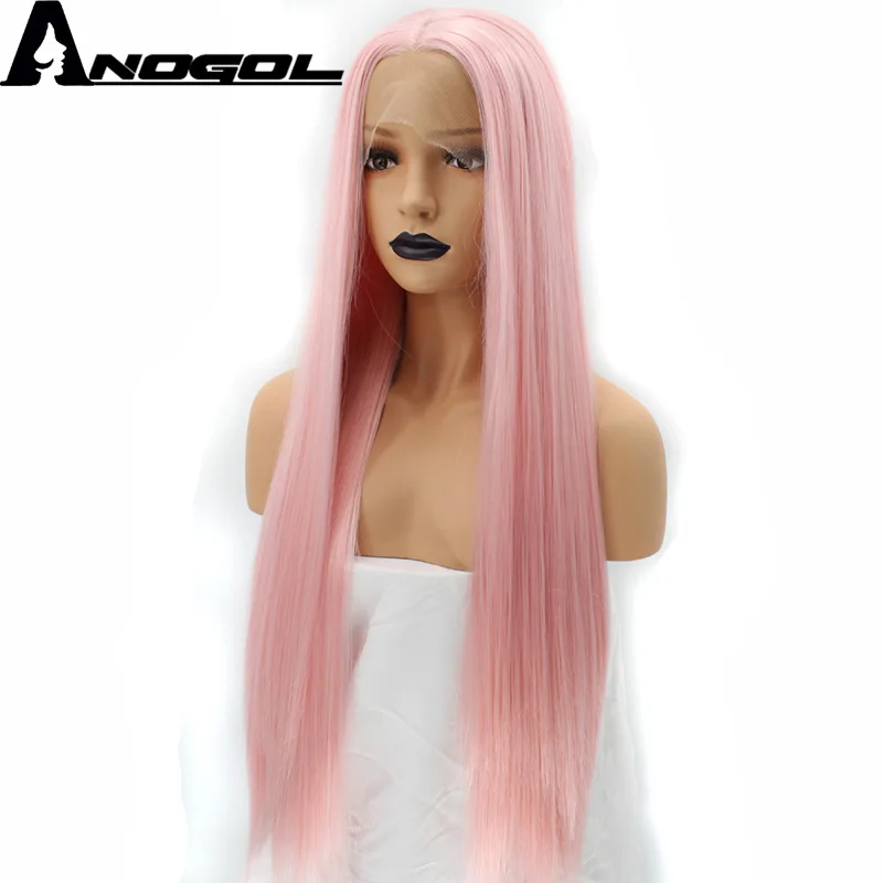 

Anogol High Temperature Fiber Middle Part Natural Long Silky Straight Pink Synthetic Lace Front Wig For Women