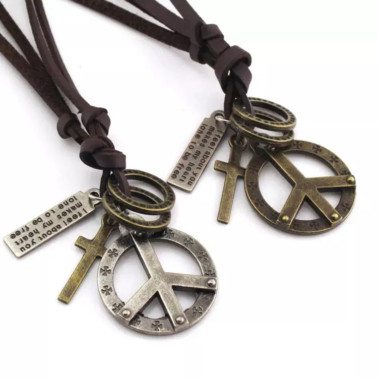 

Men's Alloy Genuine Leather Pendant Necklace Gold Cross Peace Sign Vintage Adjustable Necklace, Antique silver/bronze