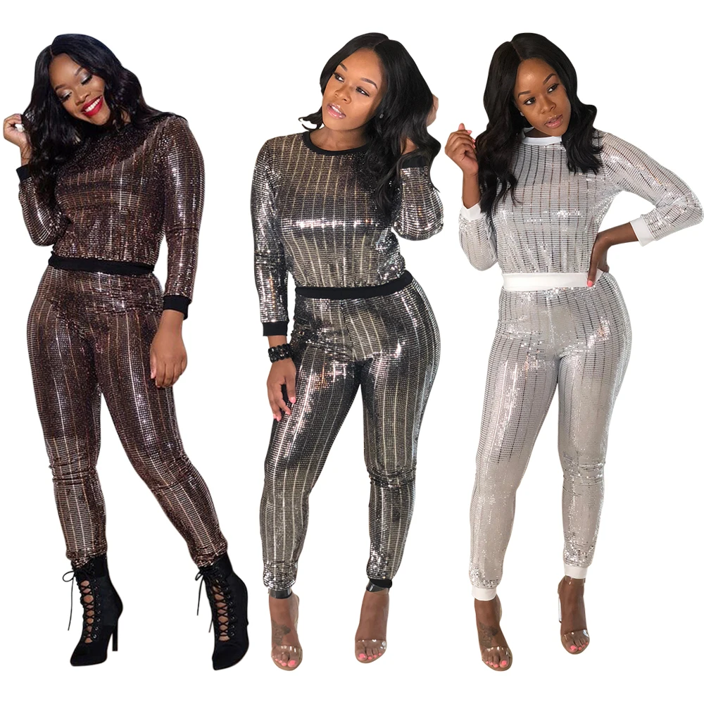 

MDY122 latest women shiny sparkle sequin long sleeve two piece pants set MDY122