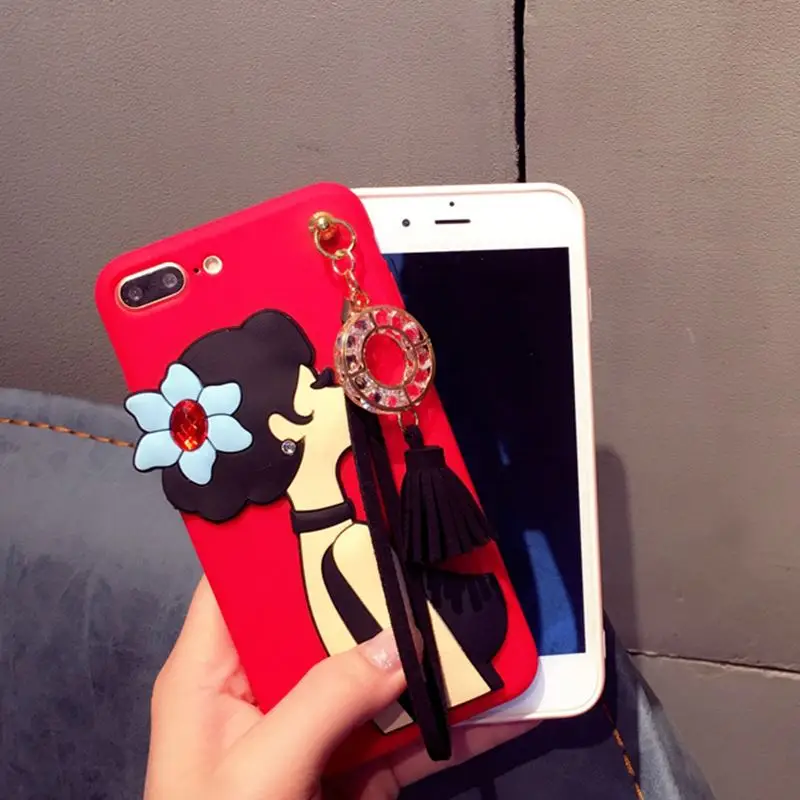 

Colorful Soft TPU Phone Case For iPhone 7 With Tassel Diamond Pendant Fashion Cute 3D Modern Girl Pattern Back Capa Funda cover