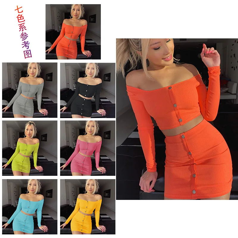 

women Off Shoulder strapless Full Sleeve Two Piece Crop Tops Skirts Sets 2019 sUMMER Clubwear New Design knitting Set outfit, 90048