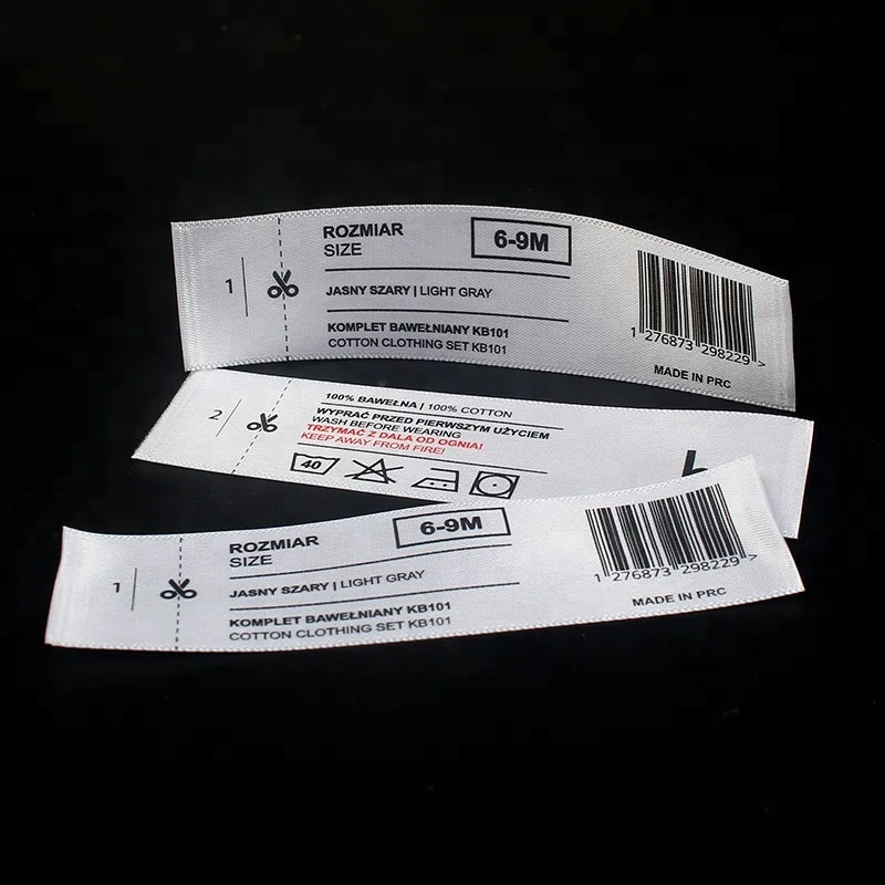 

100% Polyester Custom Double Sided Printed Washing Instructions White Satin Care Labels for Garment, Follow pantone color chart