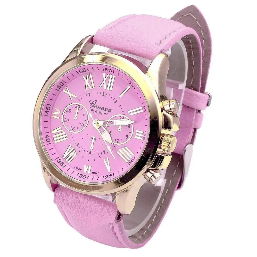 Women's Geneva Roman Numerals Leather Analog Quartz Wrist Watch (Pink)