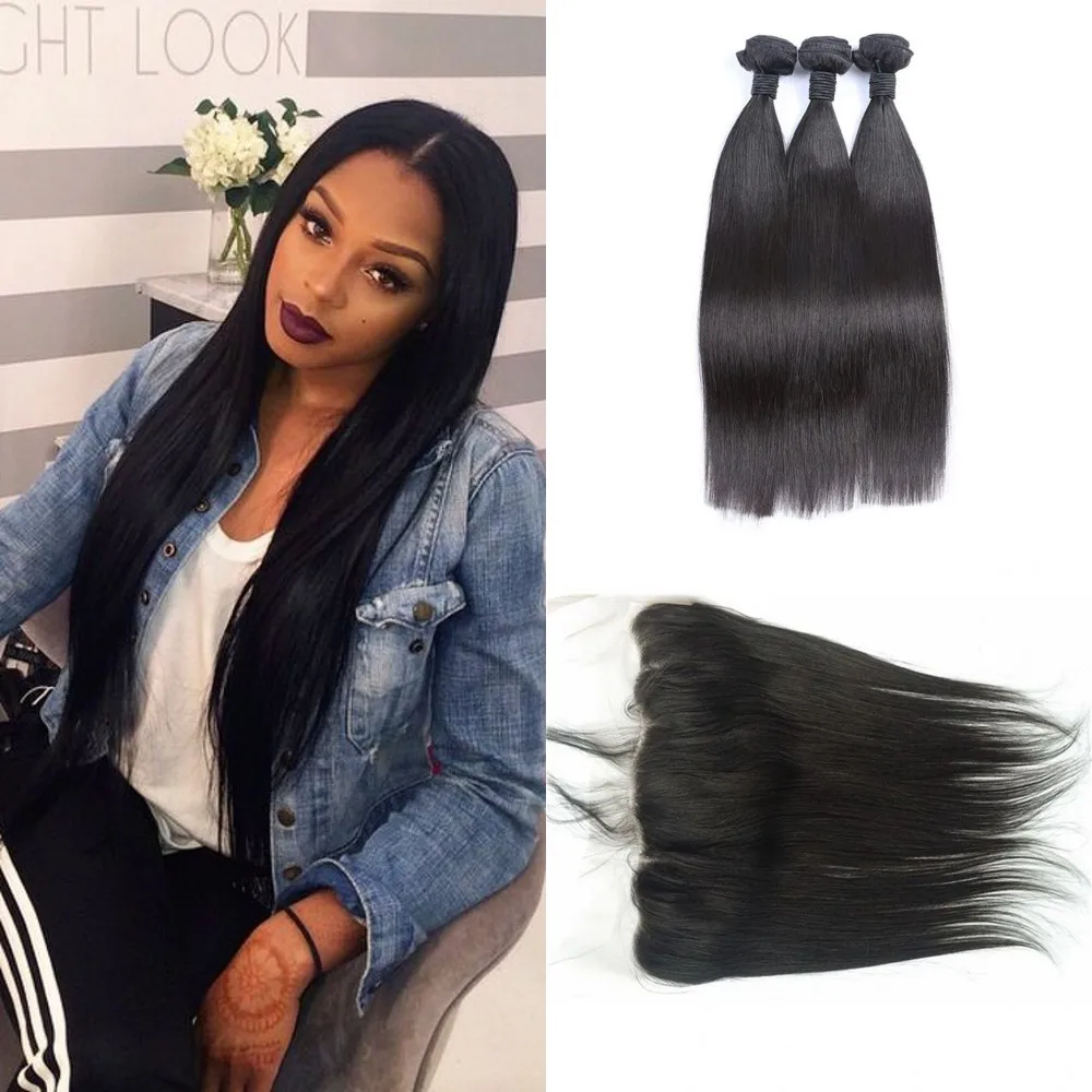 

lace frontal with bundles 100% human hair extensions indian straight hair with closure, Natural #1b 2 4 6 613 blonde ombre jet black remy with baby hair bangs