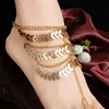 Hot Sale Women Bohemian Punk Classical Gold Metal Multi-layer Chain Tassel Leaf foot Anklet for Beach Jewelry Accessories