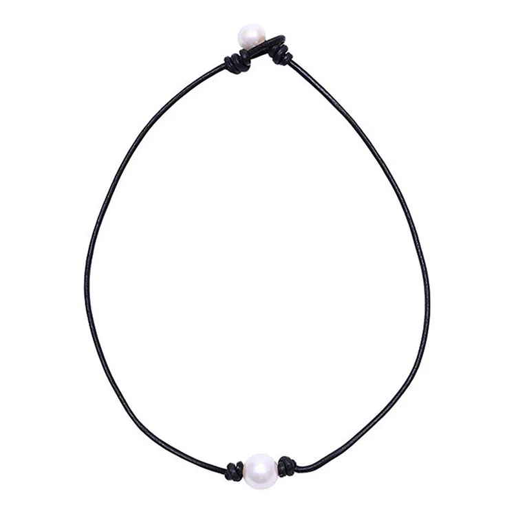 

Single Cultured Freshwater Pearl Choker Genuine Leather Necklace for Women, As photo