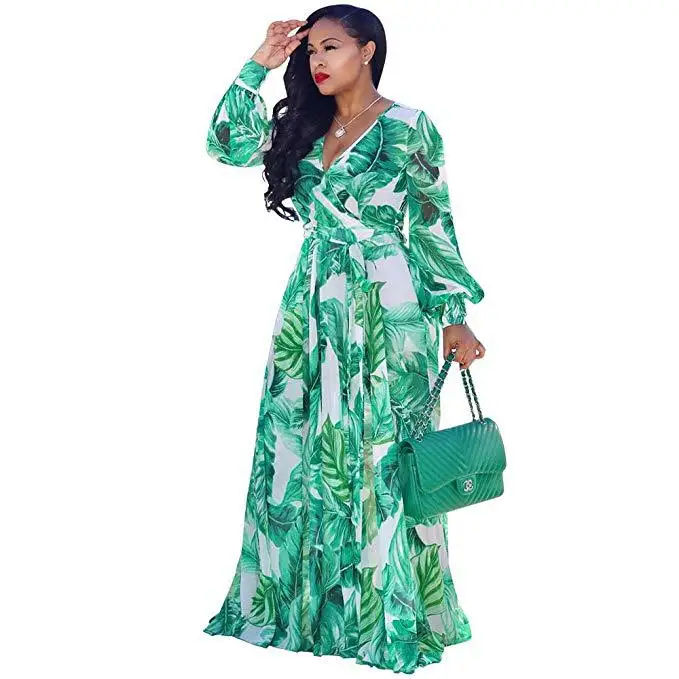 

Plus Size Women Clothing Beachwear Floral Printing Long Sleeve Maxi Chiffon Casual Bohemian Dresses, As picture