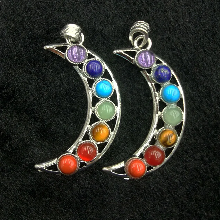 

JF7263 7 Chakra Crystal Gemstone Crescent Moon Pendant, Reiki Healing Crystal Yoga Pendants, Rainbow