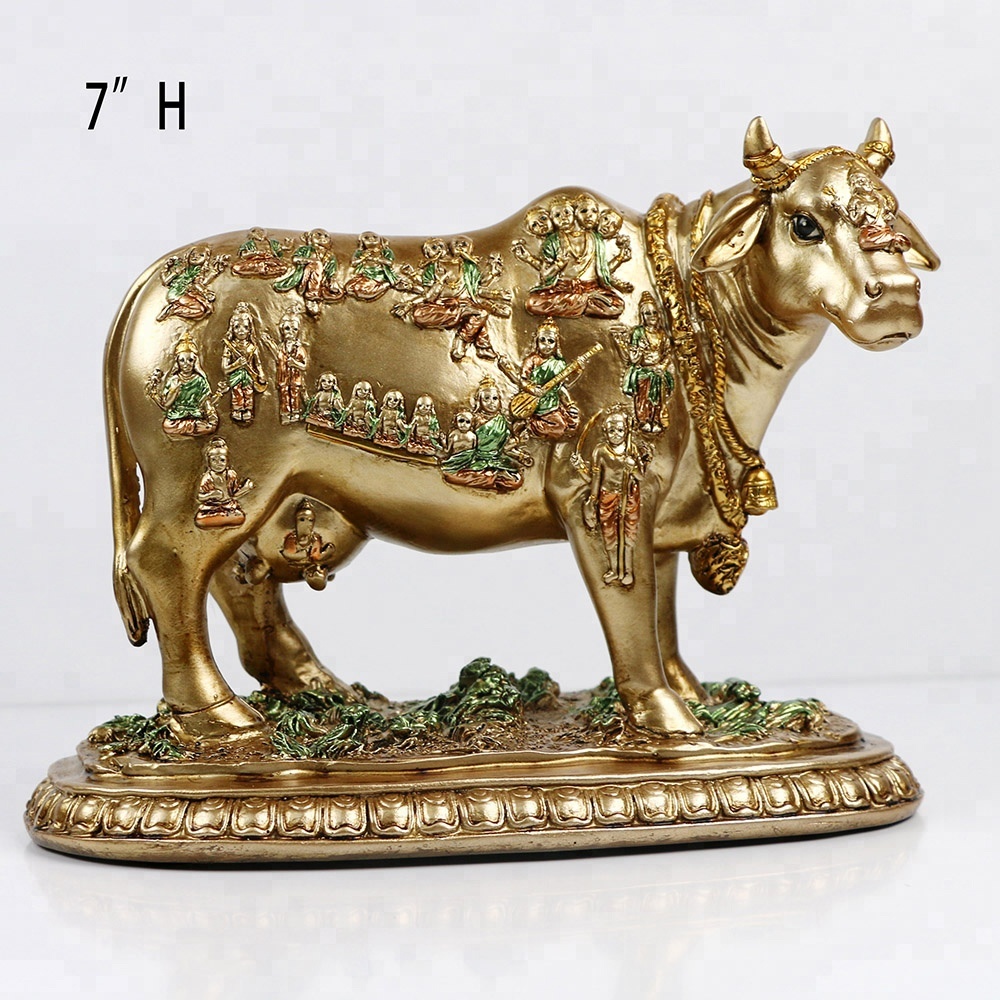 Hindu God Nandi Cow Statues 6.5"height Polyresin Colored Antique Gold
