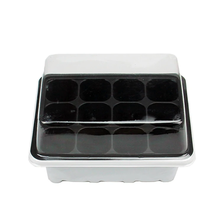 

Hot Sale Garden Plastic Starter 12 Cell Seed Tray plant trays seed starting vegetable seeding tray with cover, White & black,or customizable