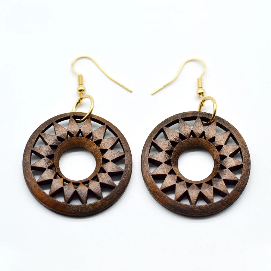

Creative Wooden Round Hollow Flower Shaped Pendant Earrings, As picture show