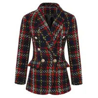 

Fashion British Tweed Blazer hot sell high quality double-breasted checked plaid tweed blazer ladies Trench pearls jacket coat