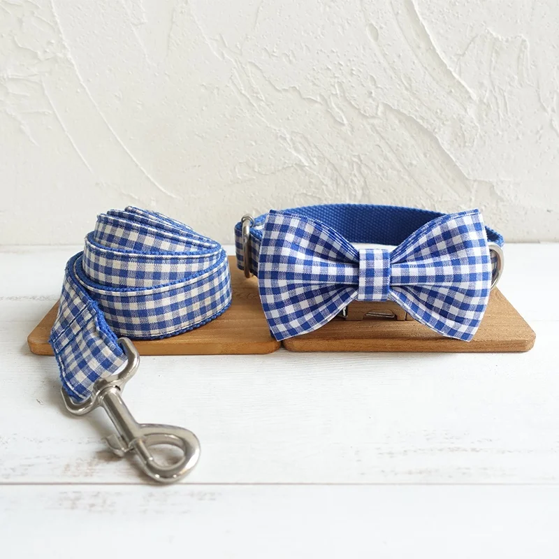 

Heyri Pet lattice blue pet dog bow collars leashes set hot selling on Instagram cotton grid plaid pet dog collars lead bow set