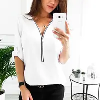 

Sexy Chiffon V Zipper Collar Roll Up Long Sleeves Loose Shirt Women Blouse Tops