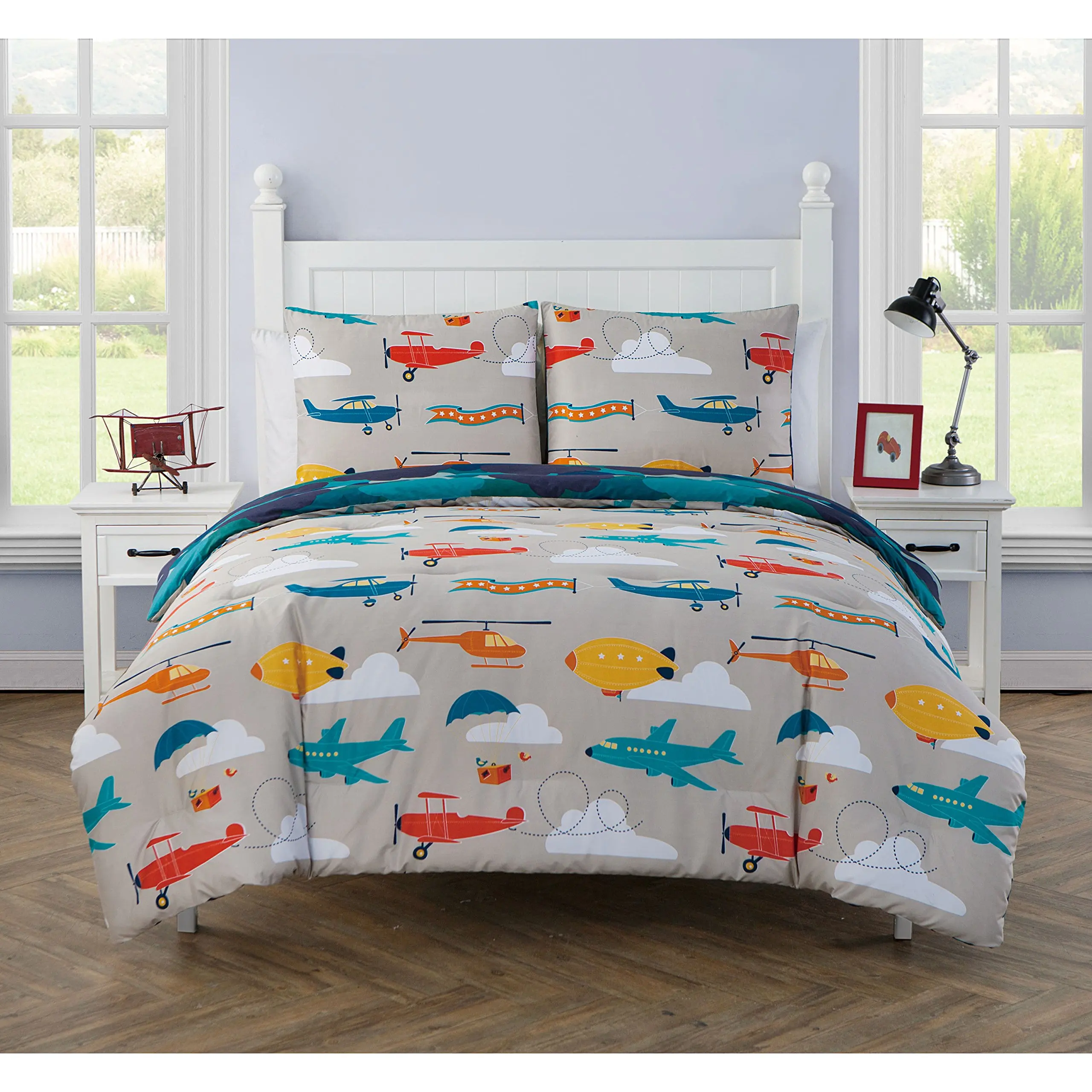 Buy 3 Piece Boys Sky Blue Airplane Duvet Full Queen Set, Cute All Over