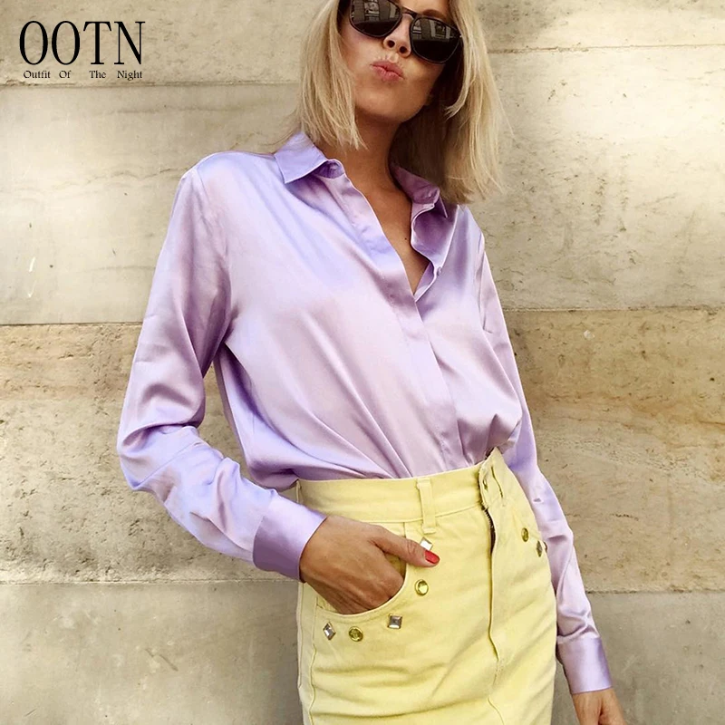 

OOTN 2018 Vintage Streetwear Female Office Button Down Chemise Tops, Silk Purple Blouse Women, Long Sleeve Satin Shirts Blouse