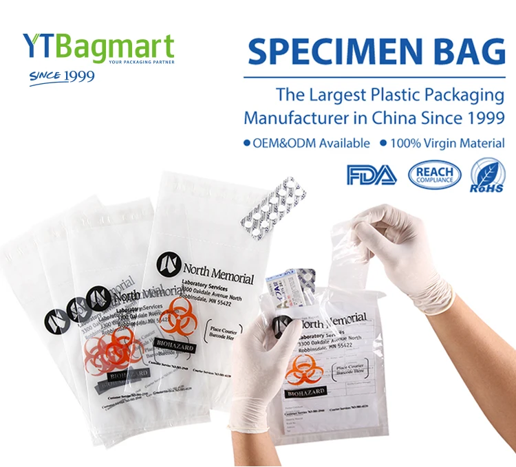 YTBagmart制造商医疗级实验室医院标本袋Pe塑料3/4层自封生物危害袋