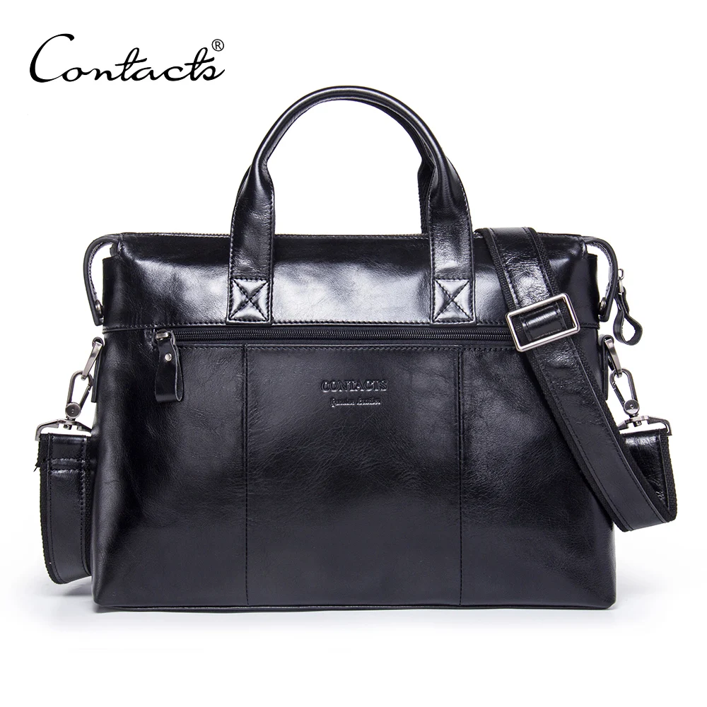 

CONTACT'S Latop Bags Factory Vintage Grain Cow Leather Business Briefcase Men Hand Bag, Black