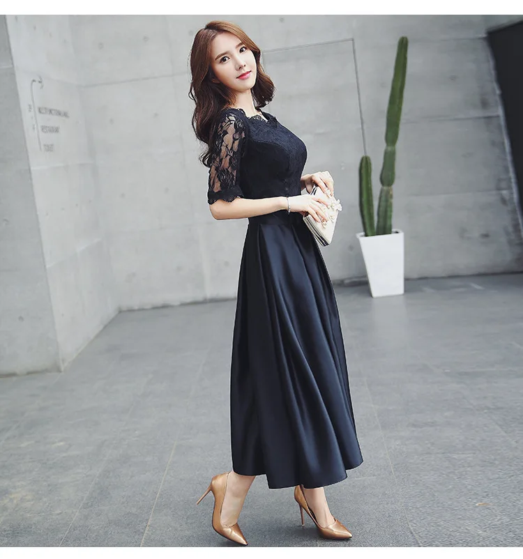 

Spring Fashion Designer Long Dress Women's 3/4 Sleeve Mesh Lace Patchwork Vintage Black Maxi Dress Party Dresses, N/a