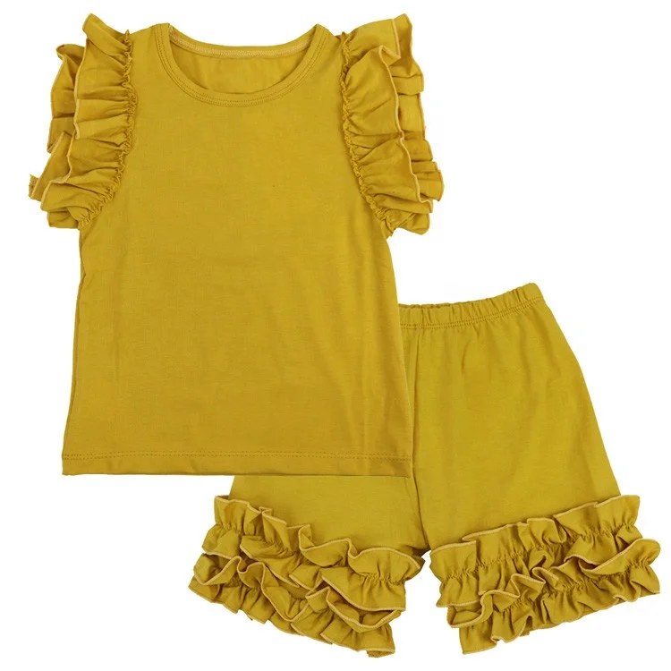 
Bulk wholesale children boutique Outfits Cute Kids clothing sets Summer Solid Ruffle Short Sets baby girls coming home outfit 