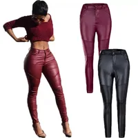 

High Waist pleated Pencil Pants Skinny PU Leather hip package Trousers Pantalon Femme Pleated PU tight stretch pants Sexy Womens