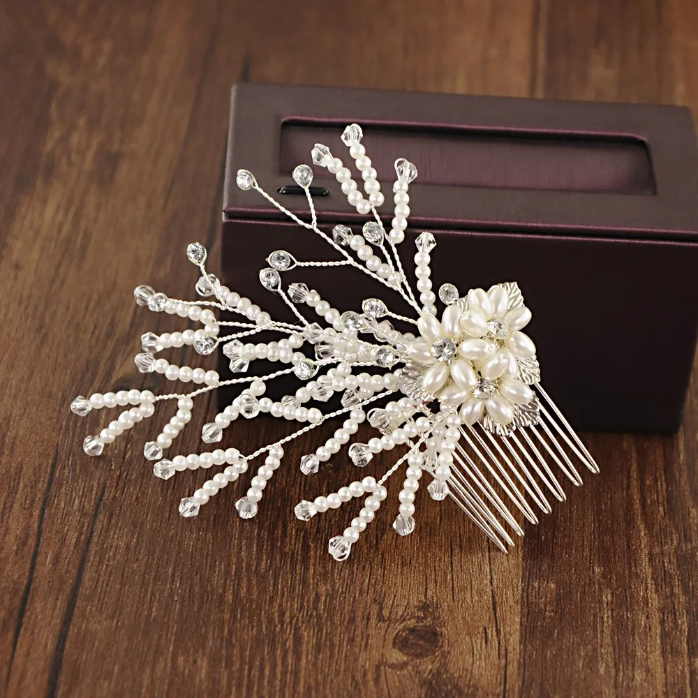 Fancy Headpiece Bridal Hair Comb Crystal Vintage Pearls Bridal Silver