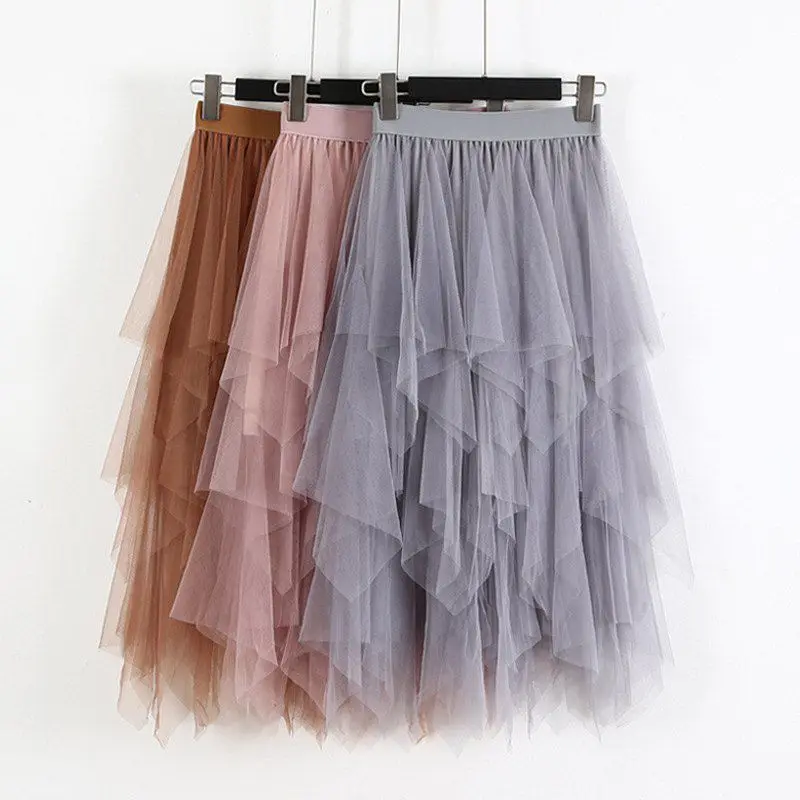 Fashion New 2019 Women Long Skirt High Waist Female Skirt Sweet Irregular Mesh Stitching Long Skirt