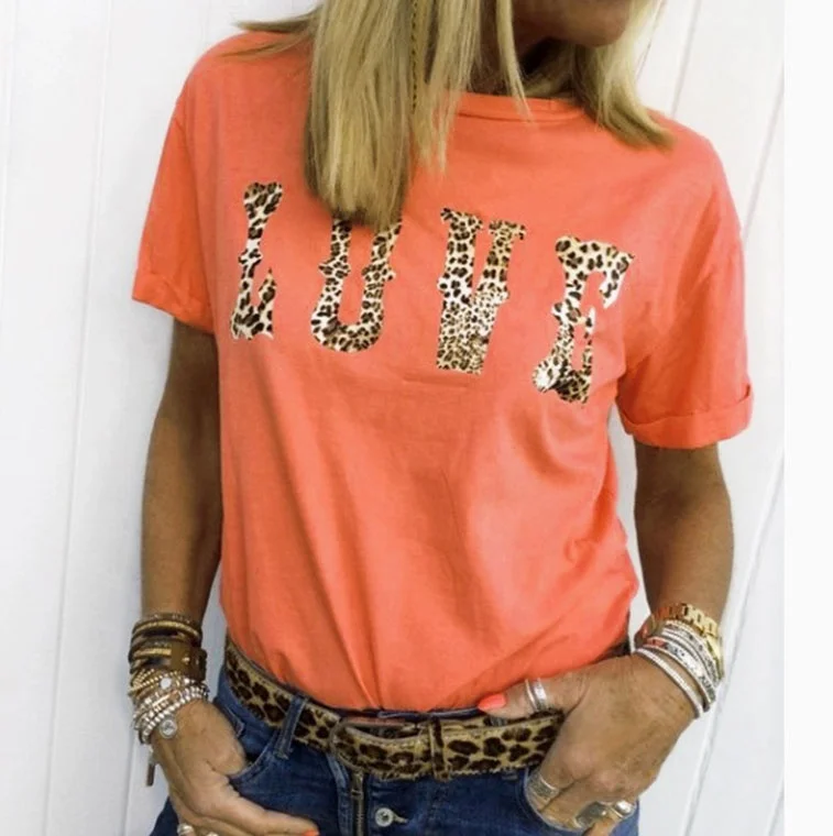 

Women Printed Leopard Letter 'LOVE' Short-Sleeved T-Shirt Top, #1-#5