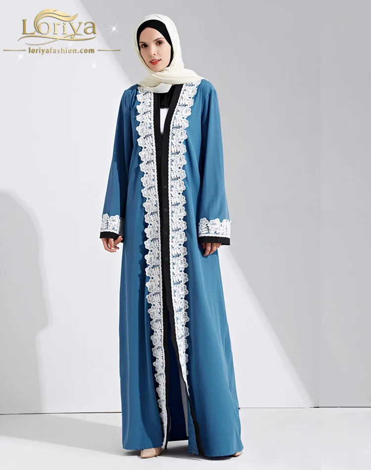 

2017 Latest Fashion Cardigan,Blue Soft Crepe Kimono Dubai Lace Open Abaya
