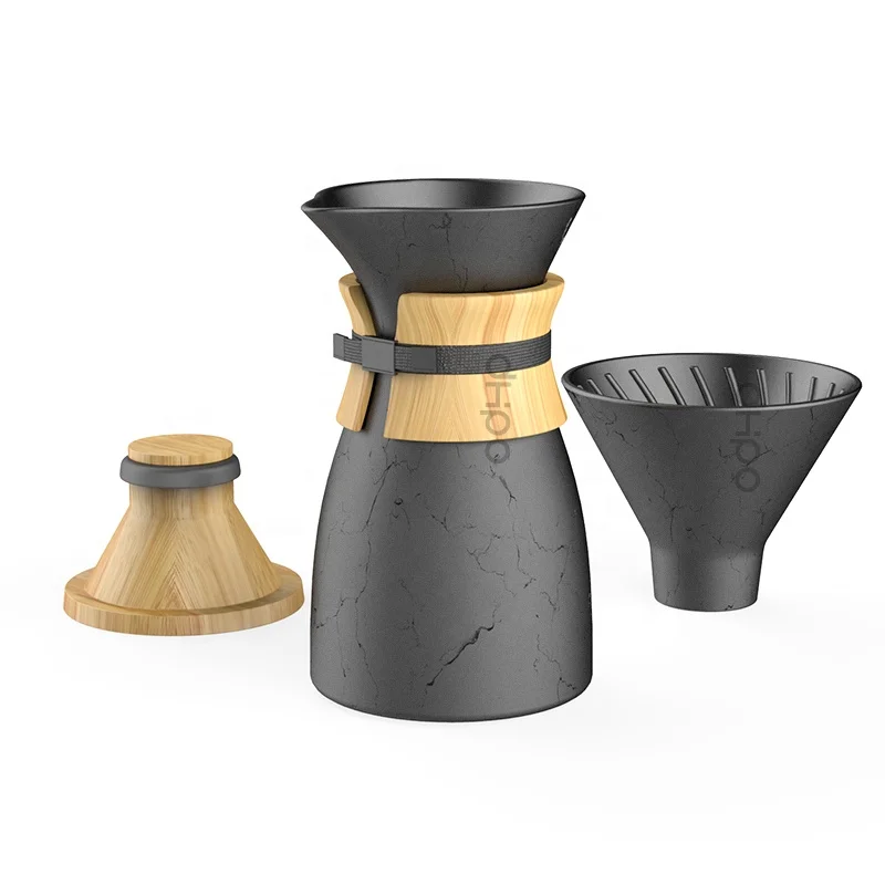 

DHPO 2021 new design Portopo Black and Gold Marble Pour Over Coffee Dripper Set, with Wooden Lid and high-fired ceramic body for