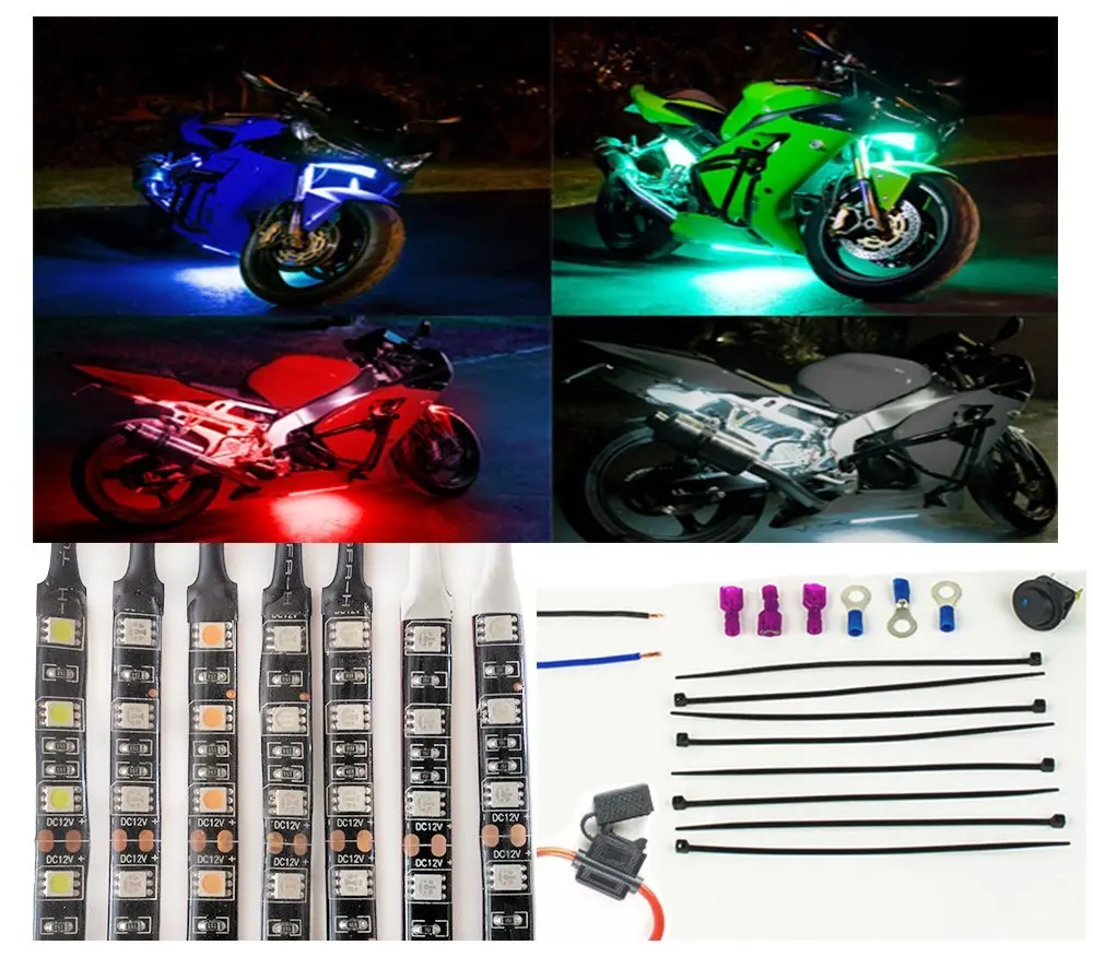 Boats BBUT 6PCS Muti-Colour Sound Activated Flash Motorcycle LED Accent Light Kit Under Glow RGB 5050 Strips For All Motorcycle ATV