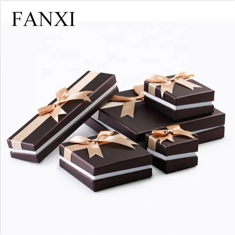

FANXI Wholesale Cheap Custom Boxes with Silk Ribbon Bowtie Velvet Insert Ring Necklace Bracelet Jewelry Packaging Paper Gift Box, Dark red+gold / customized color for paper gift box