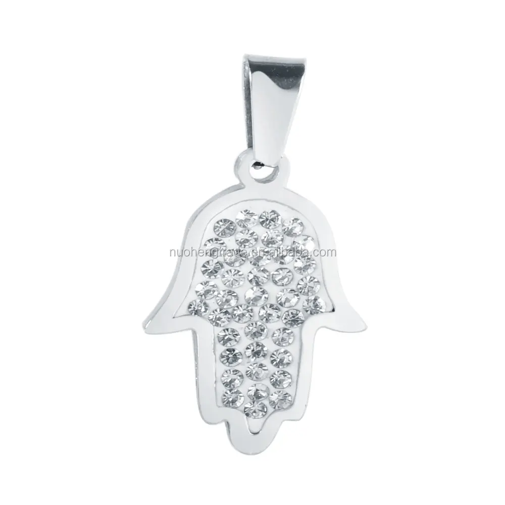

Silver Stainless Steel Micro cz Pave Crystal fatima hamsa hand charm pendant necklace