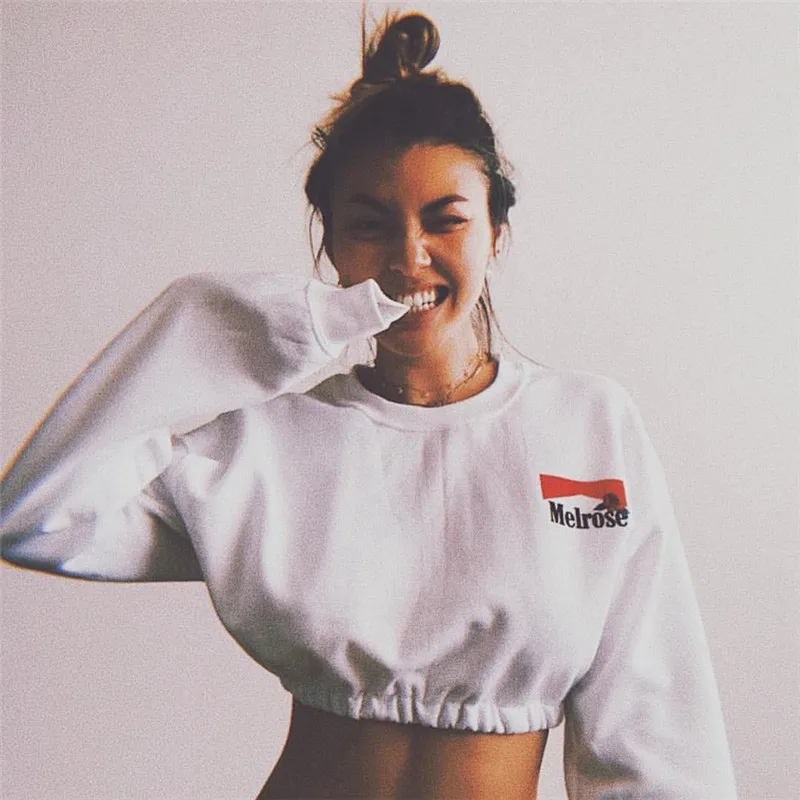 

Fashion Style Women Letters Hoodies Loose Long Sleeve Crop Top Short Sweatshirt For Women, White
