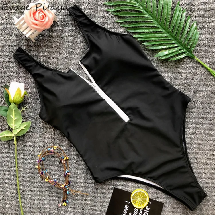 

factory 2018 new Exported to United States One Piece Bath Suitwith zipper black sport swimsuit women